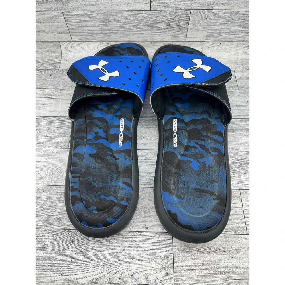Under Armour Ignite Camo V Men Blue Black Slides Sandals 1266360-003 Size 13